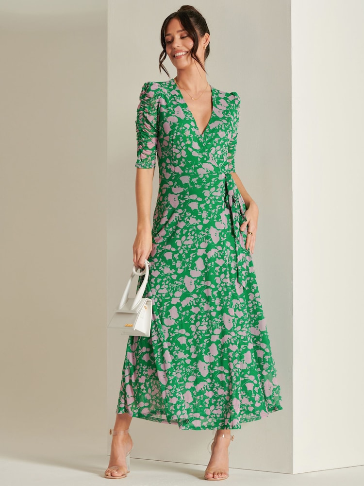 Jolie Moi Green Daliyah Wrap Front Mesh Maxi Dress - Image 1 of 6