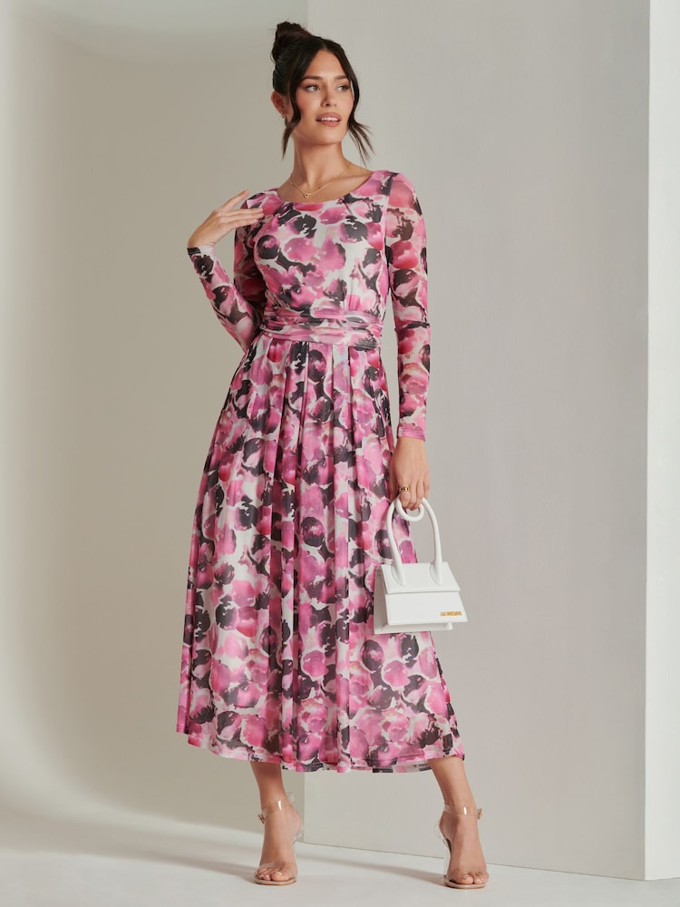Jolie Moi Pink Abstract Print Mesh Long Sleeve Maxi Dress - Image 1 of 6