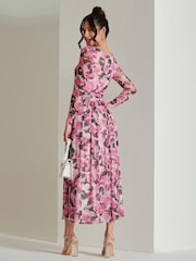 Jolie Moi Pink Abstract Print Mesh Long Sleeve Maxi Dress - Image 2 of 6