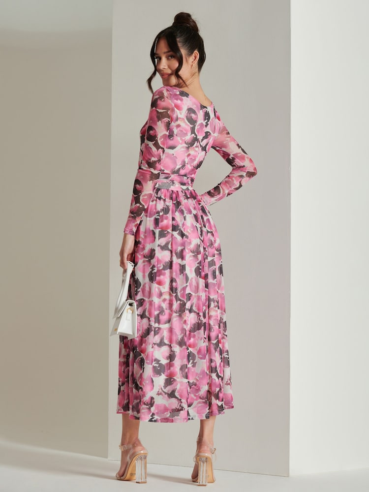 Jolie Moi Pink Abstract Print Mesh Long Sleeve Maxi Dress - Image 2 of 6