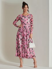 Jolie Moi Pink Abstract Print Mesh Long Sleeve Maxi Dress - Image 3 of 6