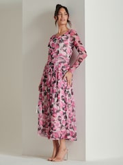 Jolie Moi Pink Abstract Print Mesh Long Sleeve Maxi Dress - Image 4 of 6