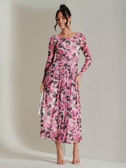 Jolie Moi Pink Abstract Print Mesh Long Sleeve Maxi Dress - Image 5 of 6