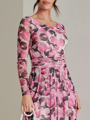 Jolie Moi Pink Abstract Print Mesh Long Sleeve Maxi Dress - Image 6 of 6