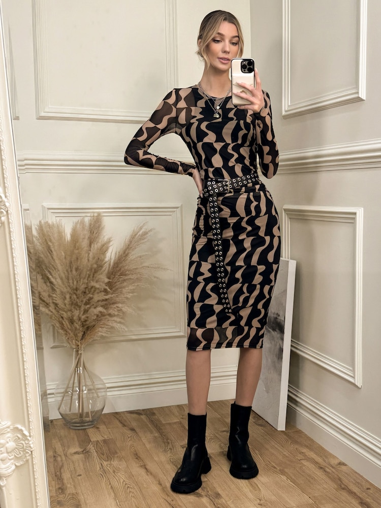 Jolie Moi Black/Brown Print Long Sleeve Mesh Bodycon Dress - Image 1 of 6