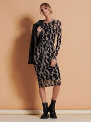 Jolie Moi Black/Brown Print Long Sleeve Mesh Bodycon Dress - Image 2 of 6