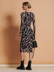 Jolie Moi Black/Brown Print Long Sleeve Mesh Bodycon Dress - Image 3 of 6