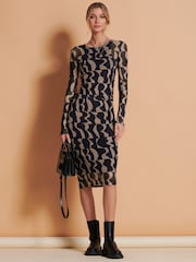 Jolie Moi Black/Brown Print Long Sleeve Mesh Bodycon Dress - Image 4 of 6