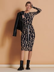 Jolie Moi Black/Brown Print Long Sleeve Mesh Bodycon Dress - Image 5 of 6