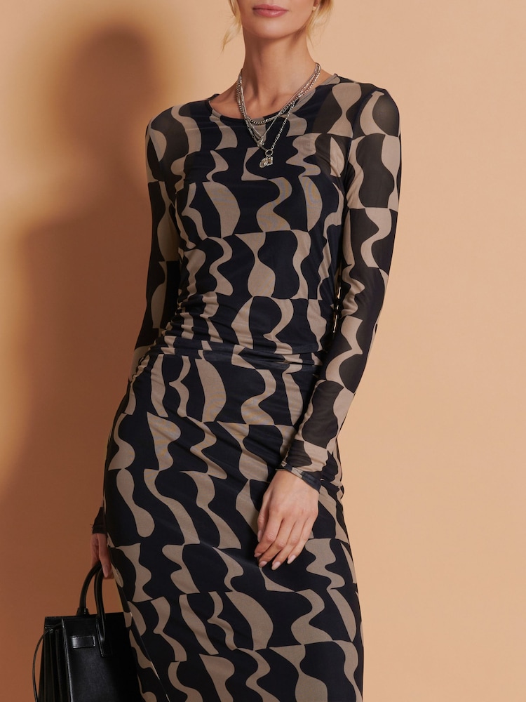 Jolie Moi Black/Brown Print Long Sleeve Mesh Bodycon Dress - Image 6 of 6
