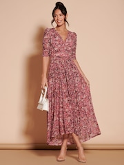 Jolie Moi Pink Dasha Ruched Sleeved Mesh Maxi Dress - Image 1 of 6