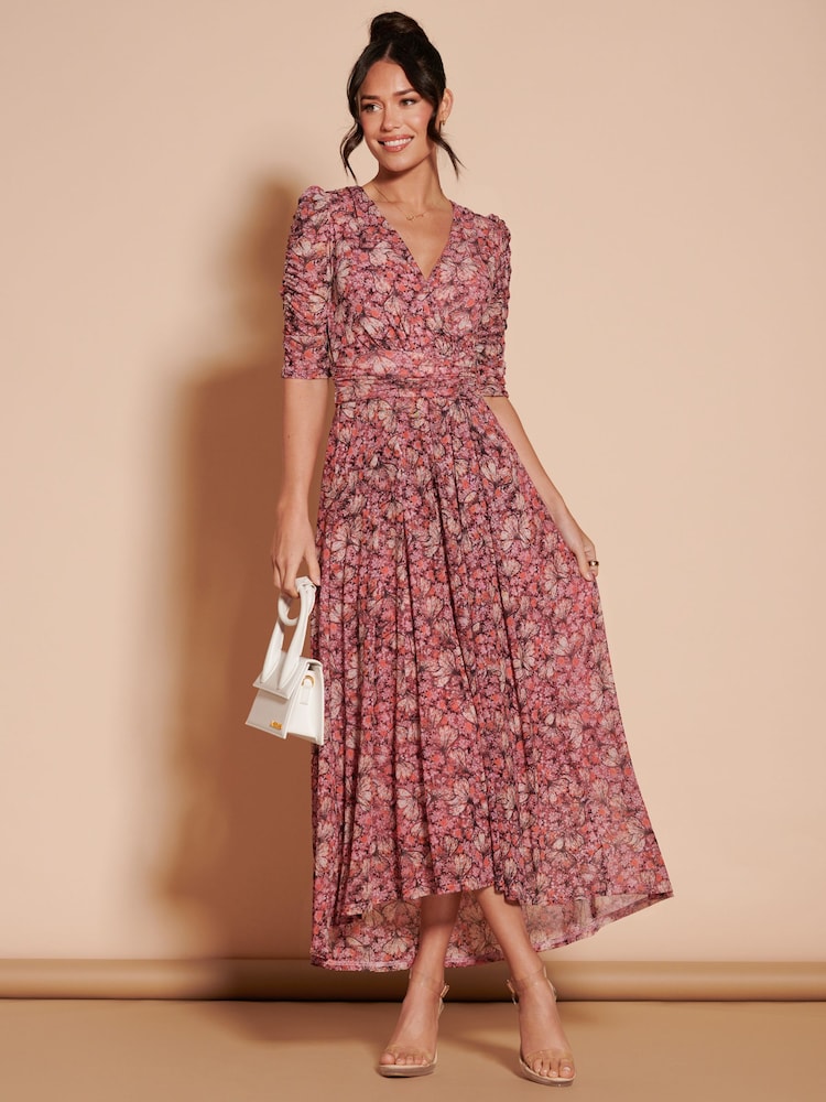 Jolie Moi Pink Dasha Ruched Sleeved Mesh Maxi Dress - Image 1 of 6