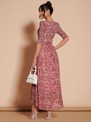 Jolie Moi Pink Dasha Ruched Sleeved Mesh Maxi Dress - Image 2 of 6