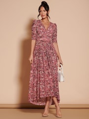 Jolie Moi Pink Dasha Ruched Sleeved Mesh Maxi Dress - Image 3 of 6
