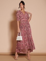 Jolie Moi Pink Dasha Ruched Sleeved Mesh Maxi Dress - Image 4 of 6