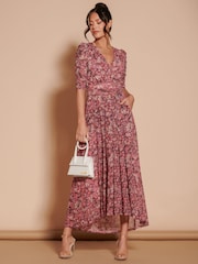 Jolie Moi Pink Dasha Ruched Sleeved Mesh Maxi Dress - Image 5 of 6