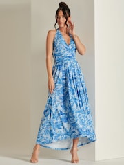 Jolie Moi Blue Plunge Neck Shirred Back Maxi Dress - Image 1 of 6