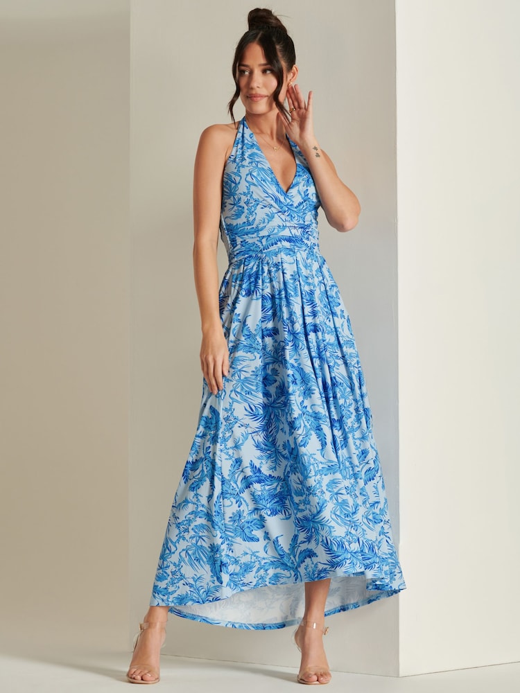 Jolie Moi Blue Plunge Neck Shirred Back Maxi Dress - Image 1 of 6