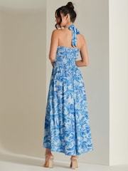 Jolie Moi Blue Plunge Neck Shirred Back Maxi Dress - Image 2 of 6