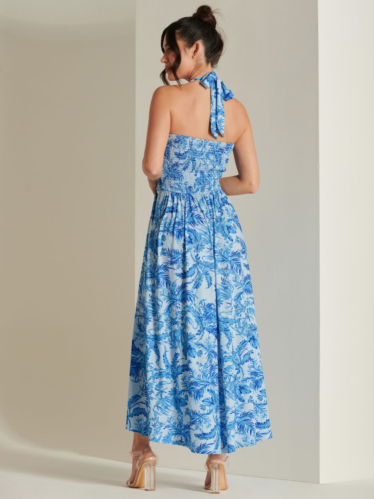 Jolie Moi Blue Plunge Neck Shirred Back Maxi Dress - Image 2 of 6