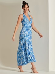 Jolie Moi Blue Plunge Neck Shirred Back Maxi Dress - Image 3 of 6