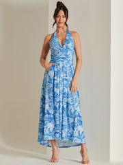 Jolie Moi Blue Plunge Neck Shirred Back Maxi Dress - Image 4 of 6