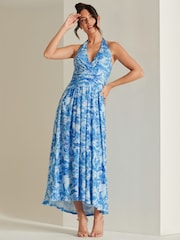 Jolie Moi Blue Plunge Neck Shirred Back Maxi Dress - Image 5 of 6