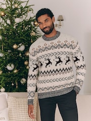 Black/White Crew Neck Matching Family Mens Christmas Fairisle Pattern Stag Jumper - Image 1 of 9