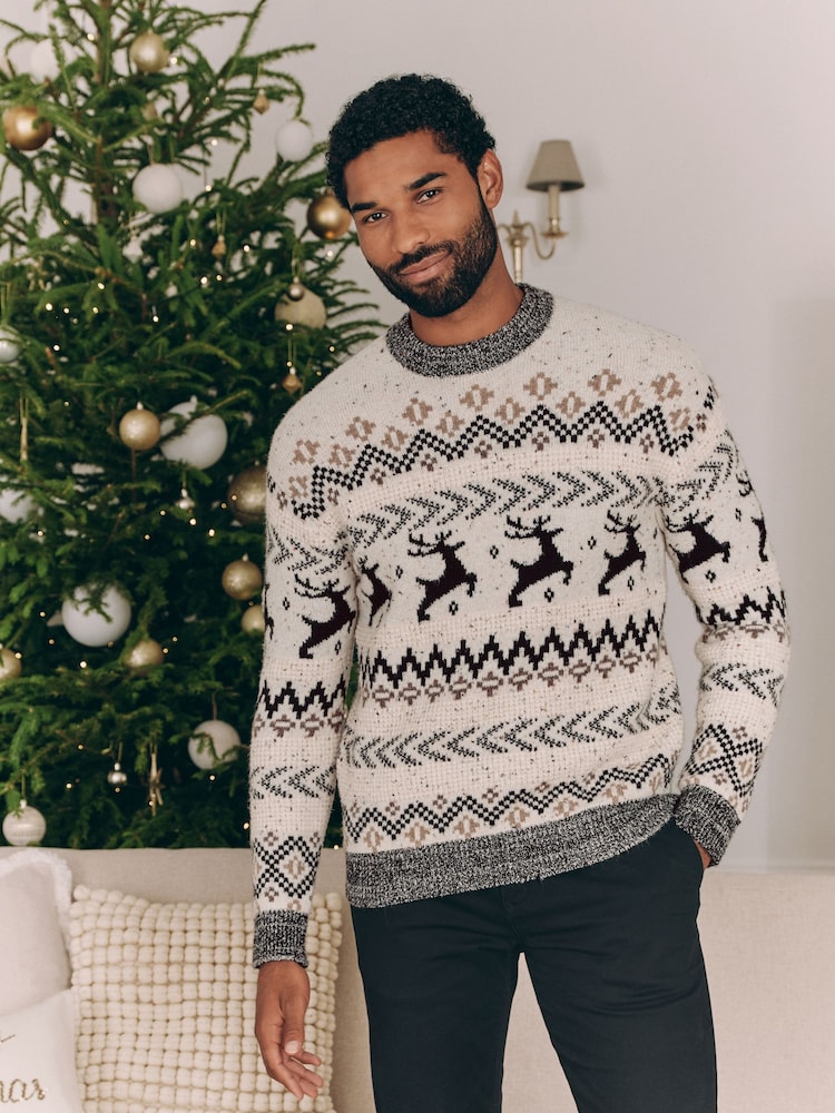 Black/White Crew Neck Matching Family Mens Christmas Fairisle Pattern Stag Jumper - Image 1 of 9
