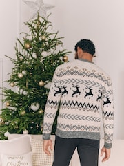 Black/White Crew Neck Matching Family Mens Christmas Fairisle Pattern Stag Jumper - Image 5 of 9