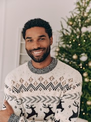 Black/White Crew Neck Matching Family Mens Christmas Fairisle Pattern Stag Jumper - Image 6 of 9