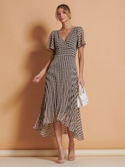 Jolie Moi Brown Spot Angel Sleeve Pleated Chiffon Maxi Dress - Image 2 of 6