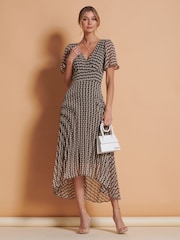 Jolie Moi Brown Spot Angel Sleeve Pleated Chiffon Maxi Dress - Image 4 of 6