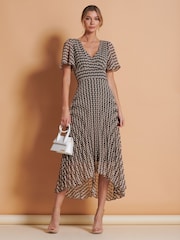 Jolie Moi Brown Spot Angel Sleeve Pleated Chiffon Maxi Dress - Image 5 of 6