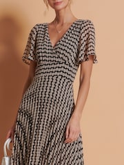 Jolie Moi Brown Spot Angel Sleeve Pleated Chiffon Maxi Dress - Image 6 of 6