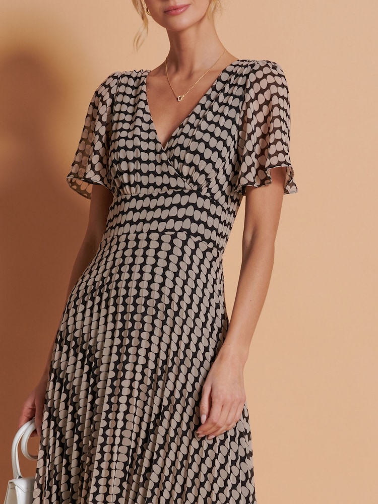 Jolie Moi Brown Spot Angel Sleeve Pleated Chiffon Maxi Dress - Image 6 of 6
