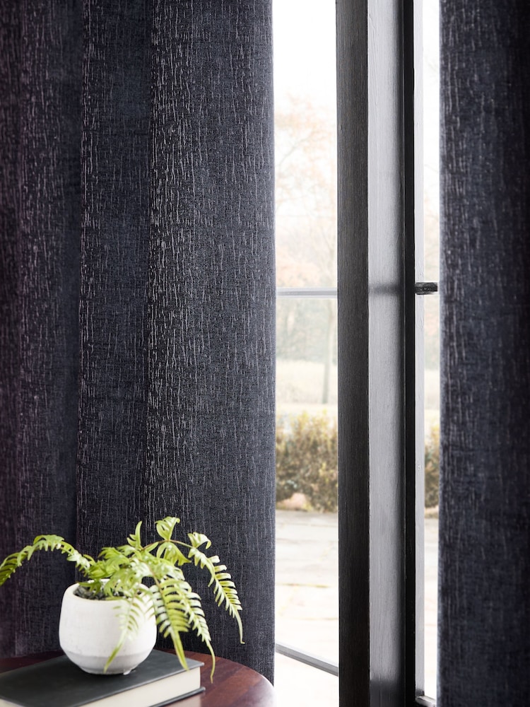 Blue Dark Navy Heavyweight Chenille Eyelet Lined Curtains - Image 5 of 7