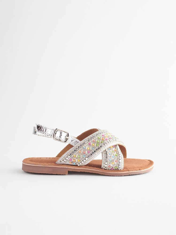 Silver Beaded Cross Strap Sandals - Image 2 of 6