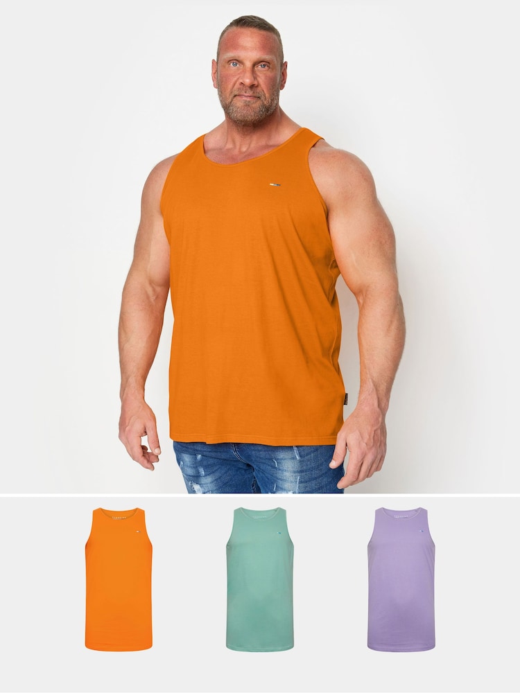 BadRhino Big & Tall Violet Purple/Mineral Blue/Orange 100% Cotton Vests 3 Pack - Image 1 of 7