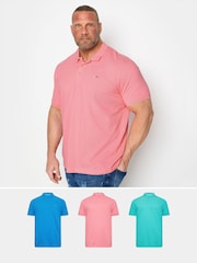 BadRhino Big & Tall Blue/Pink/Teal 100% Cotton Polo Shirts 3 Pack - Image 1 of 7