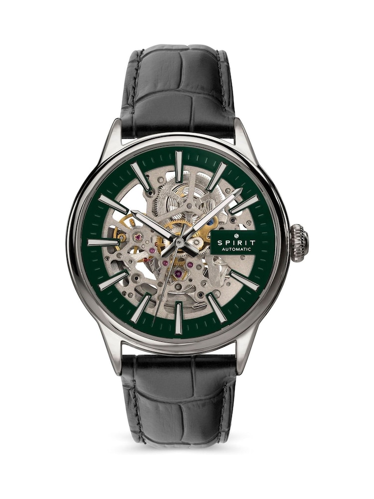 Spirit Black Gents Skeleton Automatic Silver Plated Leather Strap Watch - Image 1 of 5