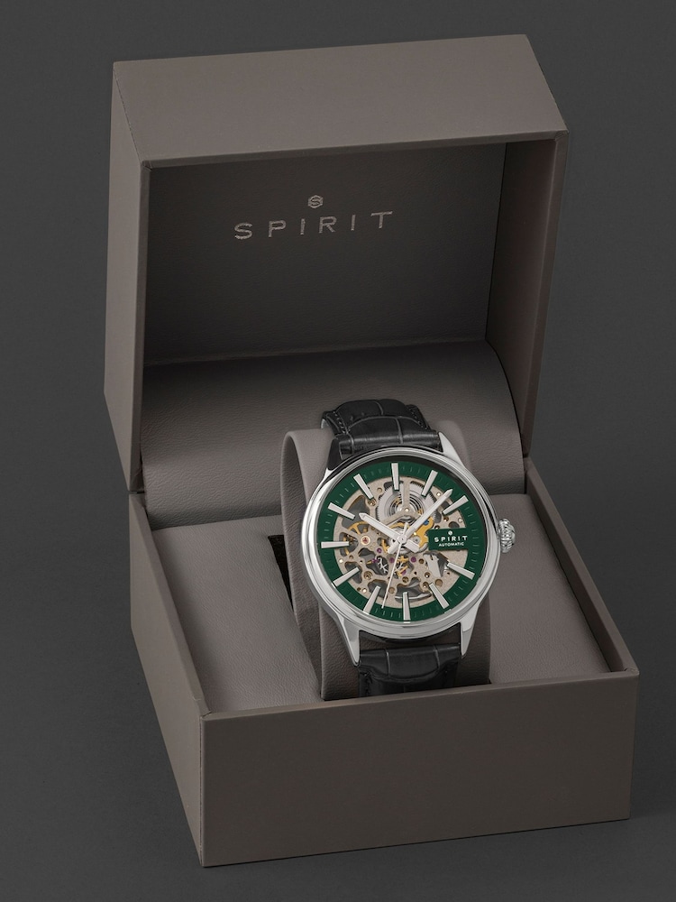 Spirit Black Gents Skeleton Automatic Silver Plated Leather Strap Watch - Image 5 of 5