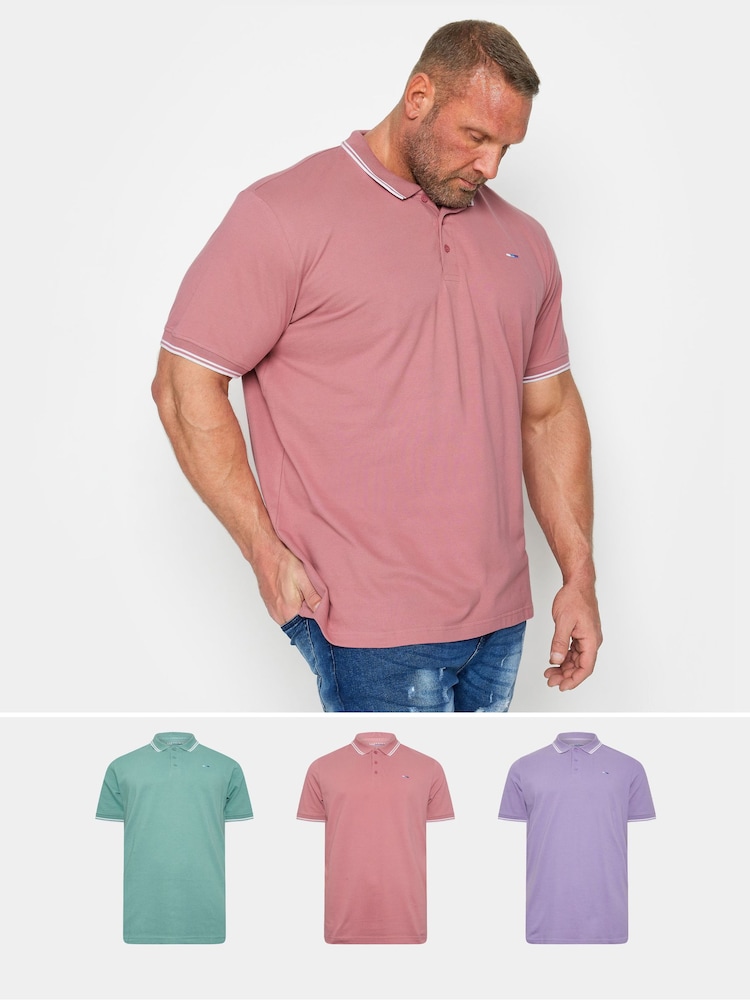 BadRhino Big & Tall Mineral Blue/Rose Pink/Violet Purple 100% Cotton Tipped Polo Shirts 3 Pack - Image 1 of 7