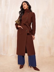 Friends Like These Brown Belted Funnel Neck Coat - Image 1 of 4