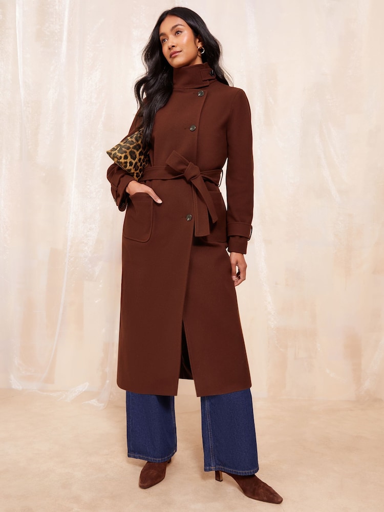 Friends Like These Brown Belted Funnel Neck Coat - Image 1 of 4