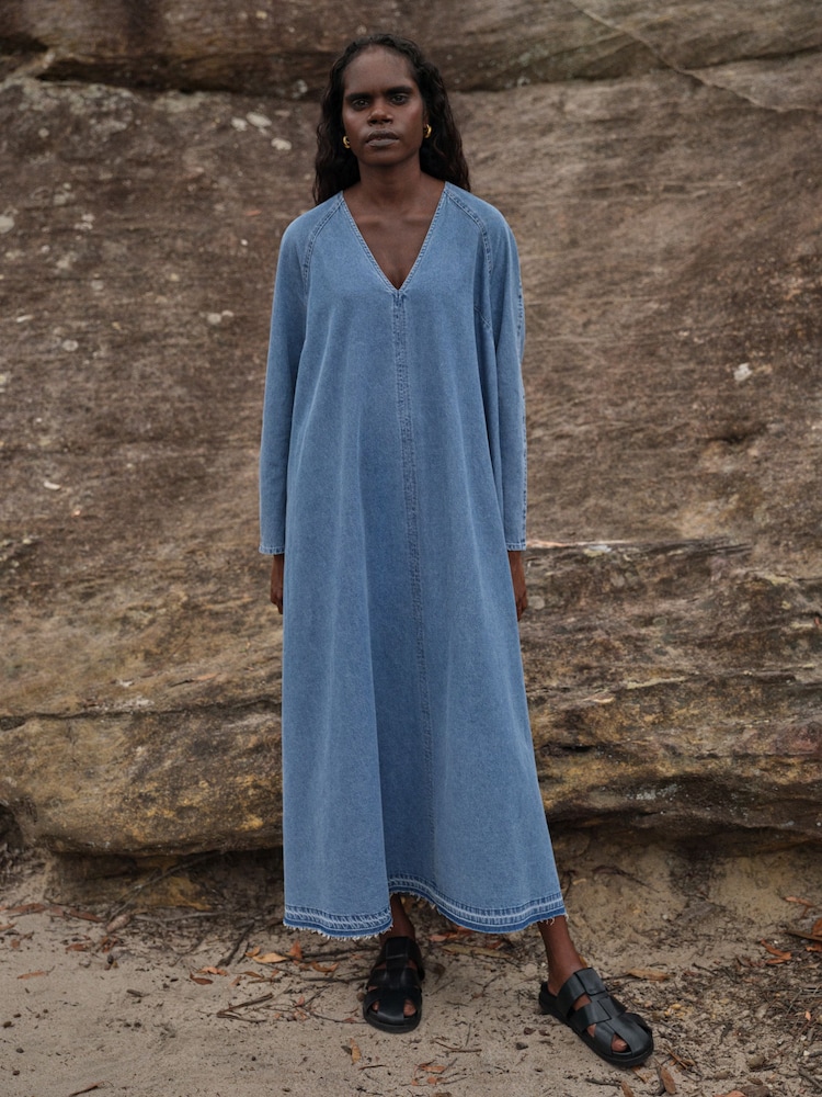 Hush Blue Marina V-Neck Denim Maxi Dress - Image 1 of 6
