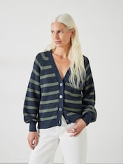 Hush Blue 100% Cotton Rae Striped Button Through Cardigan - Image 1 of 5