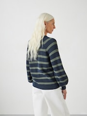 Hush Blue 100% Cotton Rae Striped Button Through Cardigan - Image 2 of 5