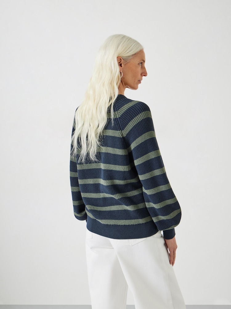 Hush Blue 100% Cotton Rae Striped Button Through Cardigan - Image 2 of 5