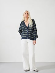 Hush Blue 100% Cotton Rae Striped Button Through Cardigan - Image 3 of 5
